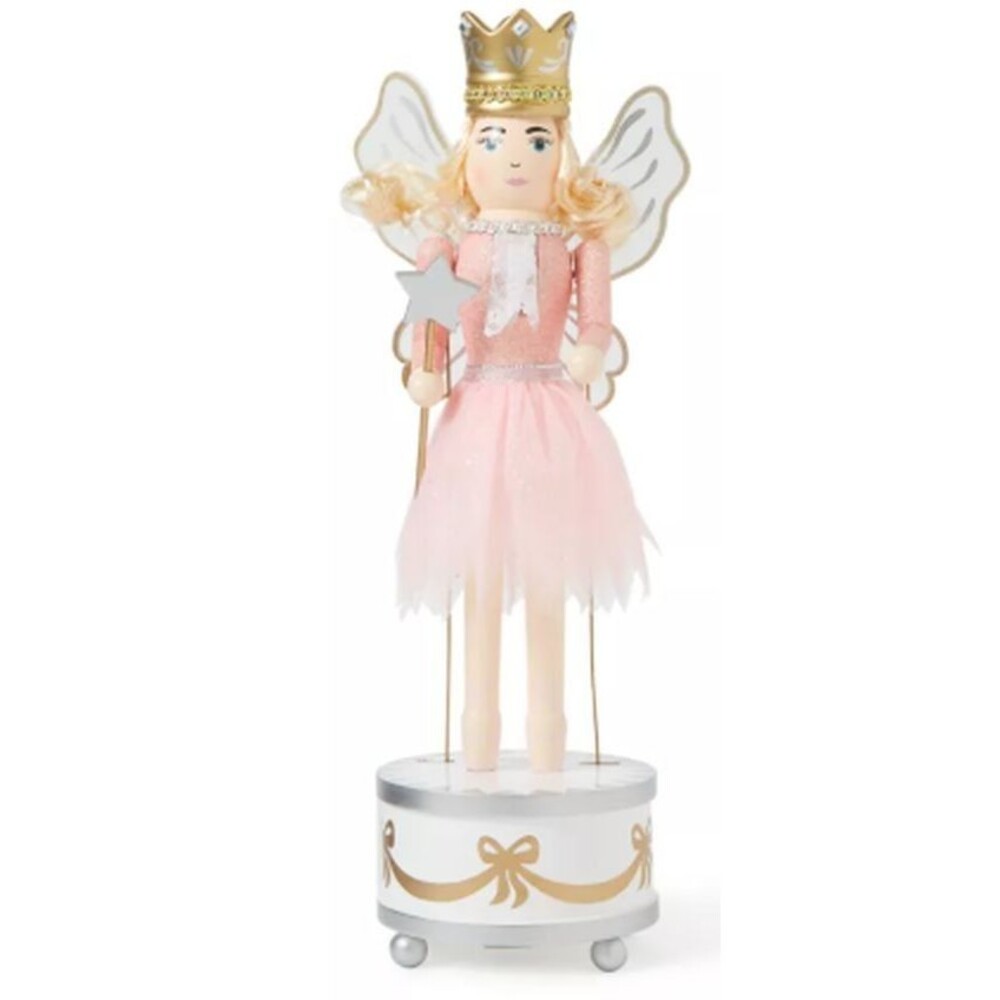 Wood Christmas Musical Nutcracker,14", WHITE FAIRY BALLERINA IN PINK & WINGS,BLK